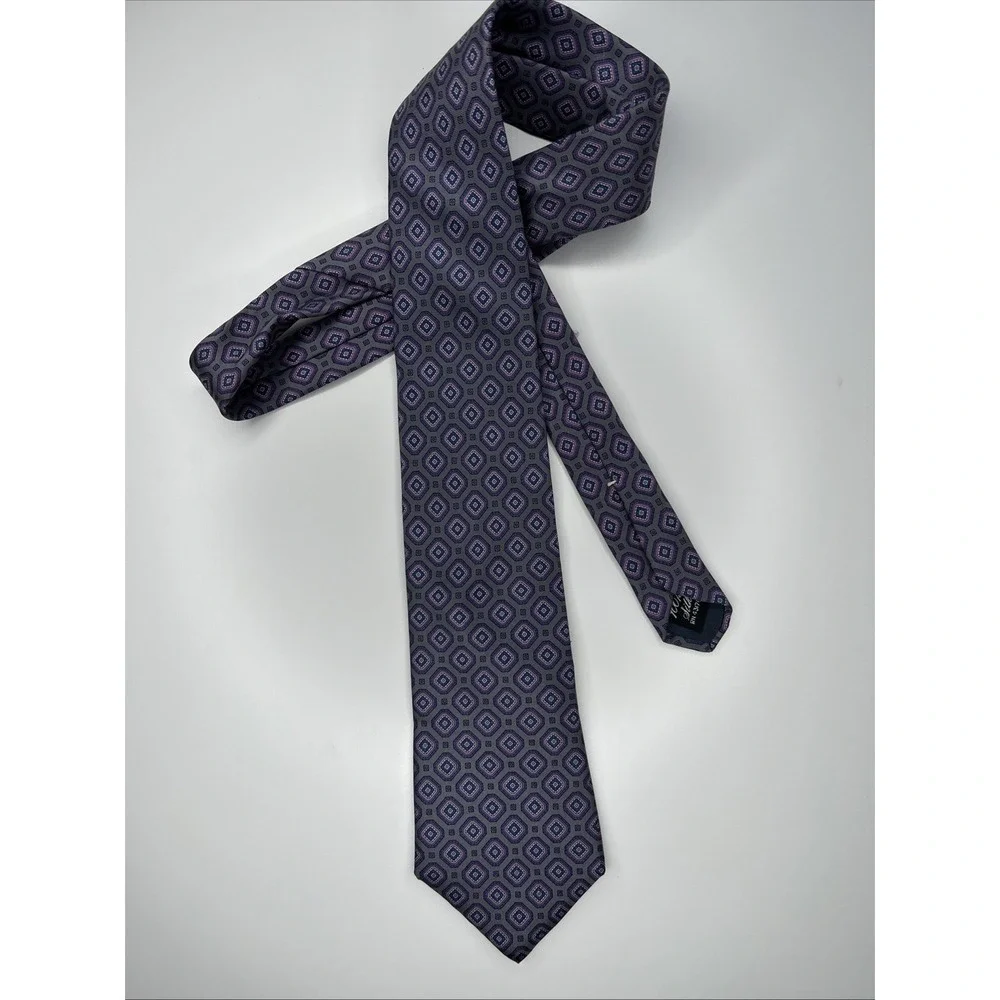 Oakton Ltd Men's 100% Silk Neck Tie, Geometric Purple, Pink, Blue On Gray Formal